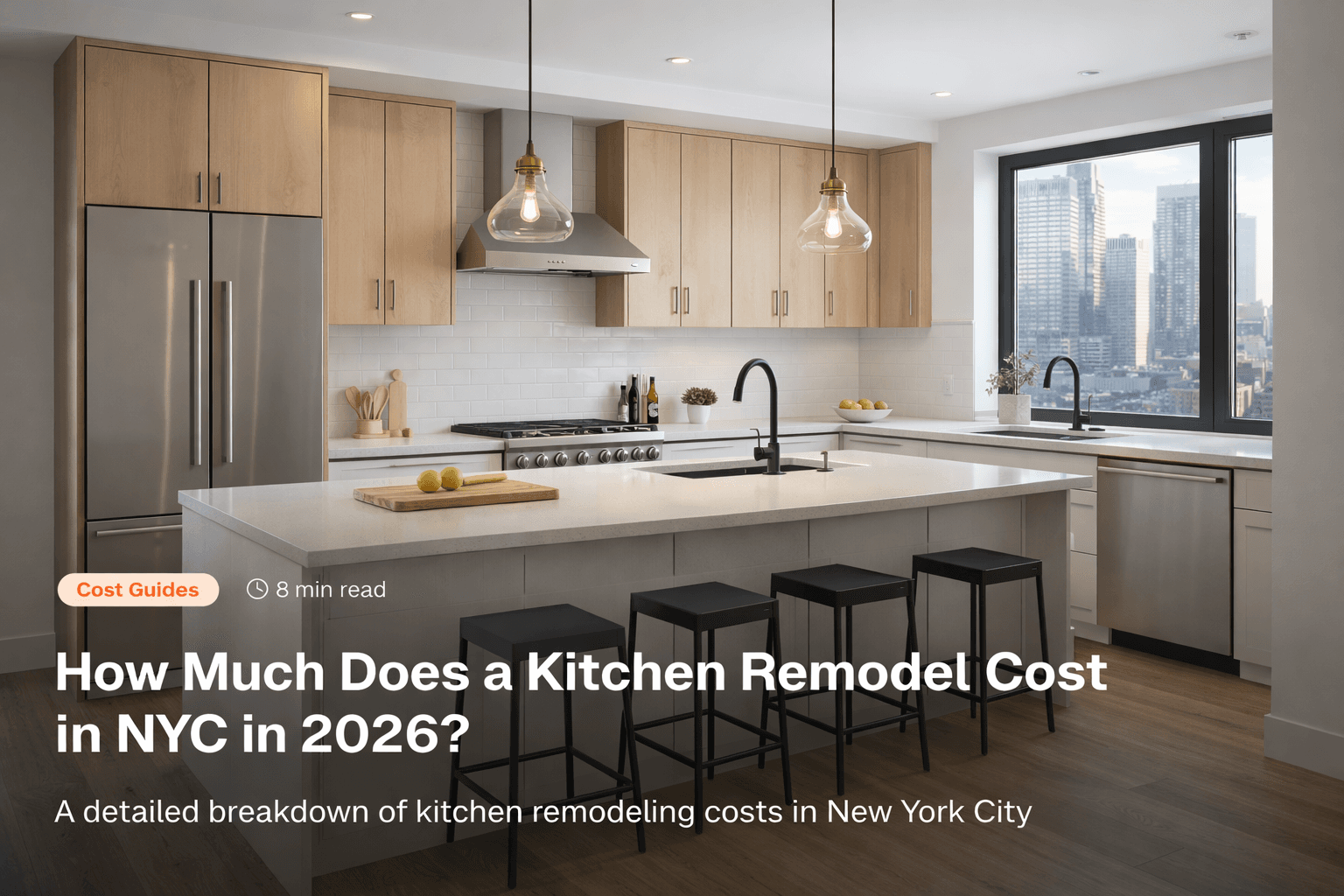 Modern kitchen with NYC skyline view